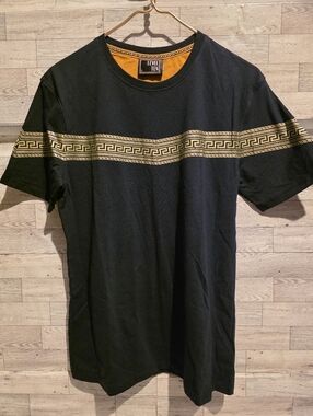 Level Ten Black Short-Sleeve Tee with Gold Geometric Trim